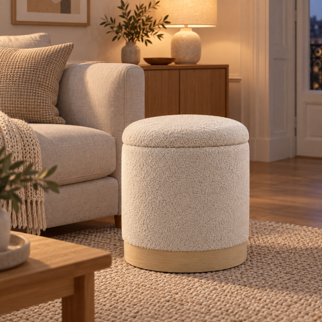 Pouf coffre en sherpa crème, base effet bois, vue principale