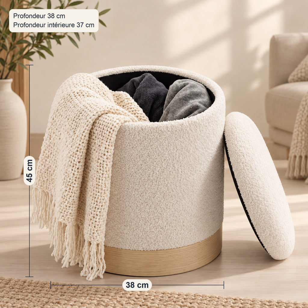 Pouf coffre en sherpa crème, base effet bois, dimensions