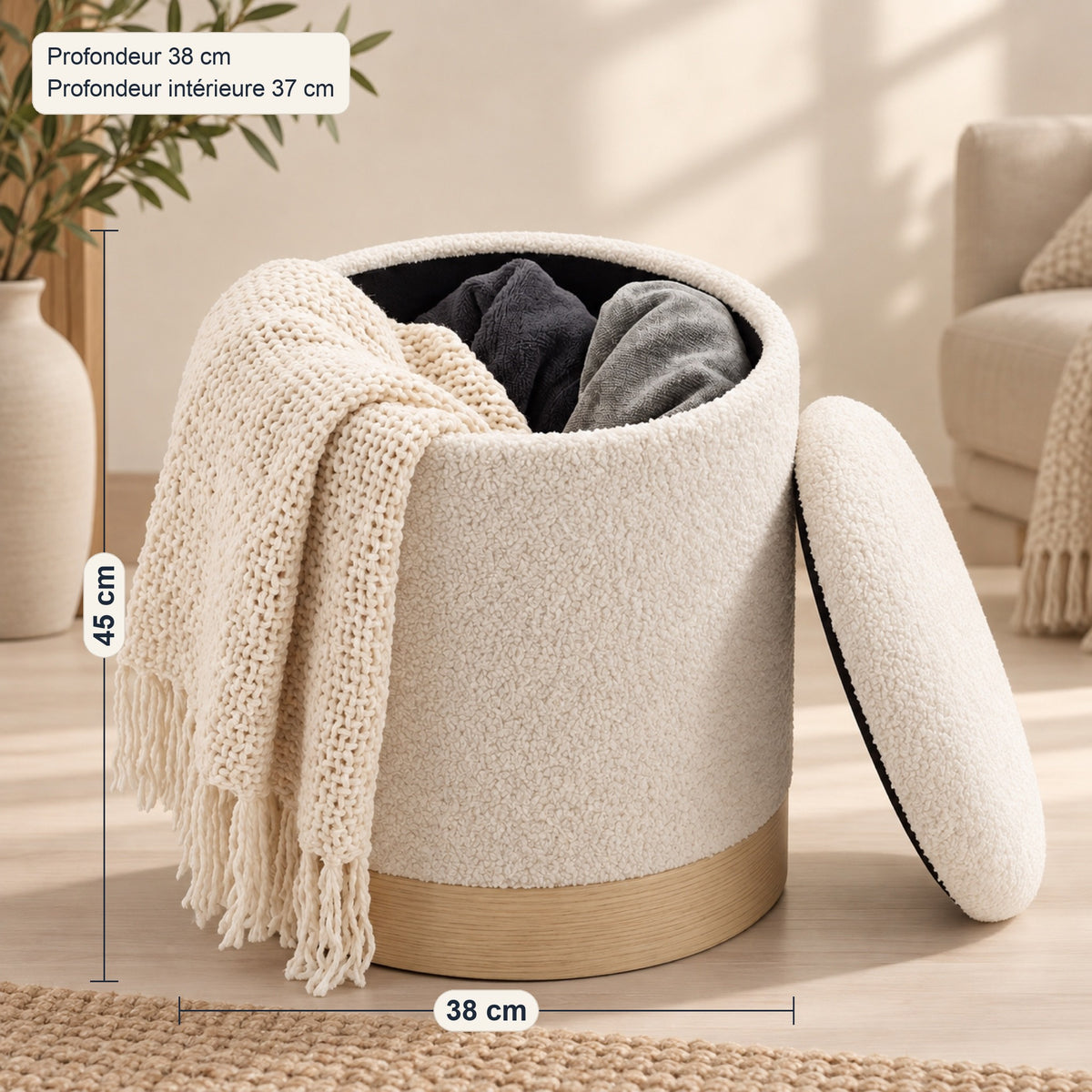 Pouf coffre en sherpa crème, base effet bois, dimensions