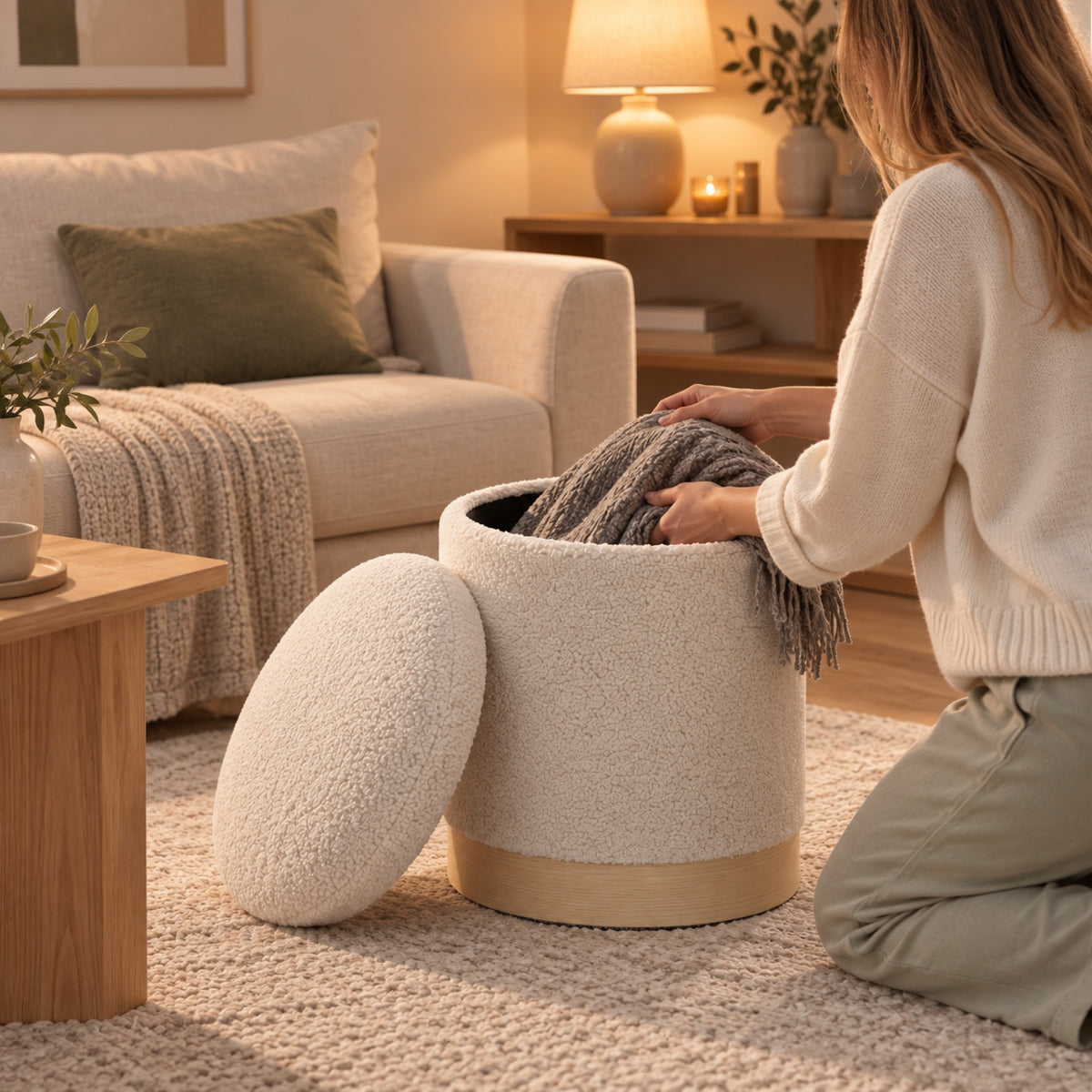 Pouf coffre en sherpa crème, base effet bois, à l'usage