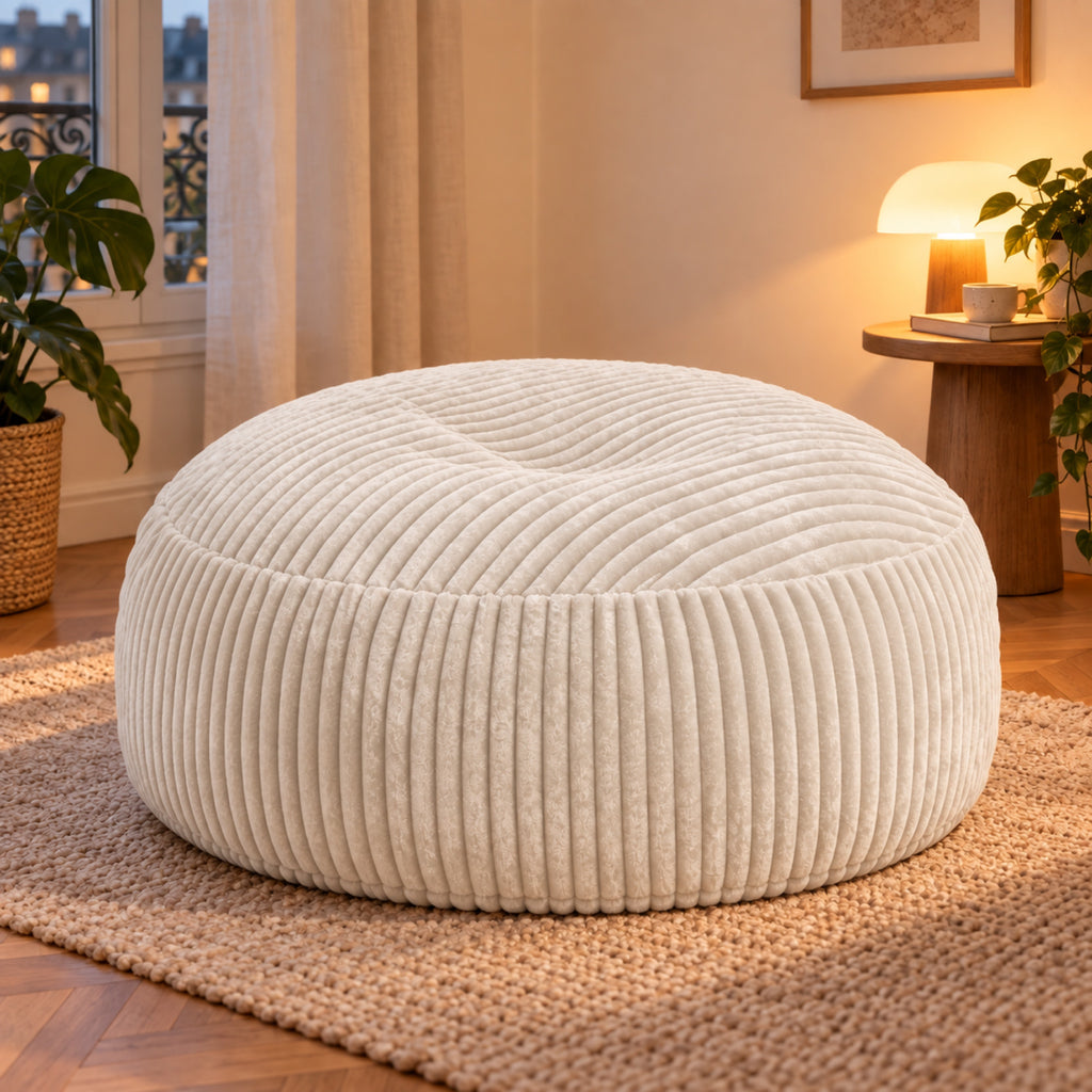 Pouf géant rond en velours côtelé à larges côtes, coloris Blanc crème