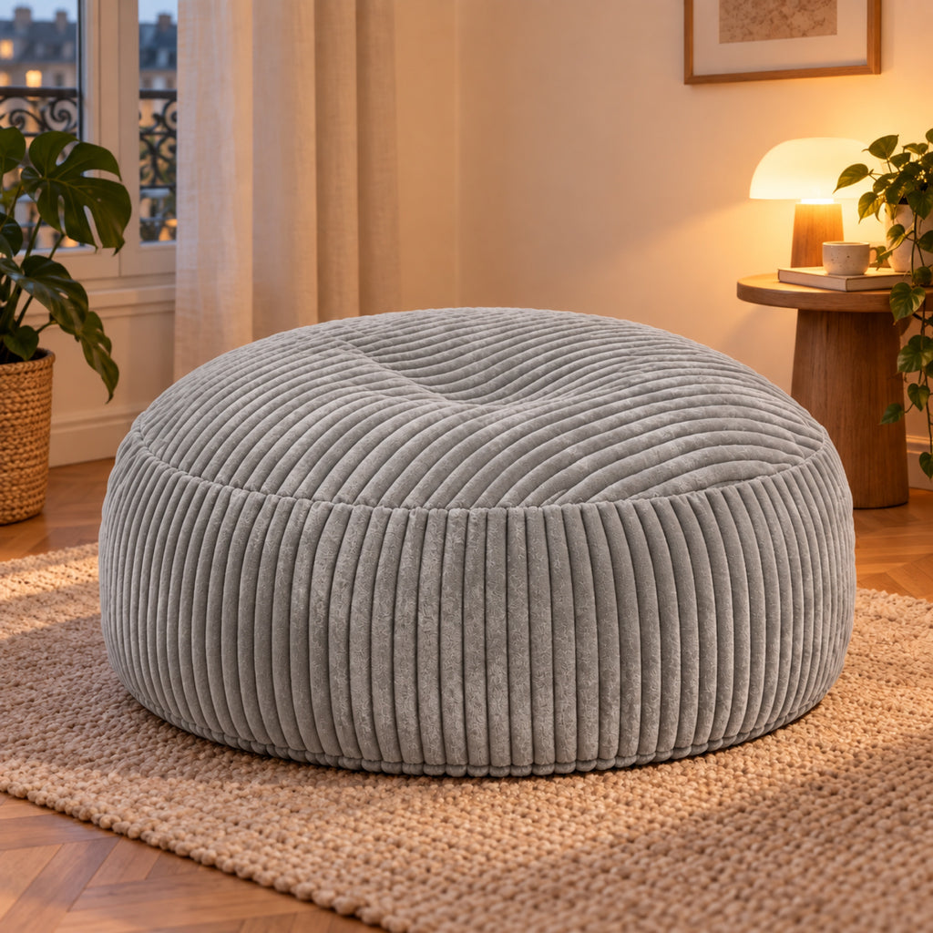 Pouf géant rond en velours côtelé à larges côtes, coloris Gris perle