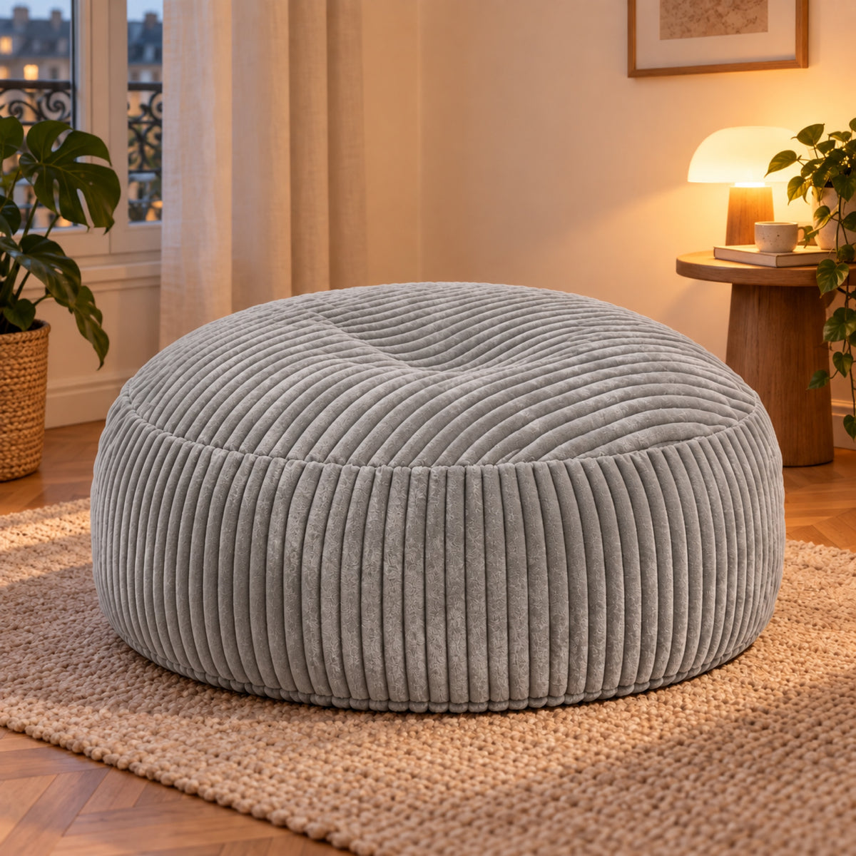 Pouf géant rond en velours côtelé à larges côtes, coloris Gris perle
