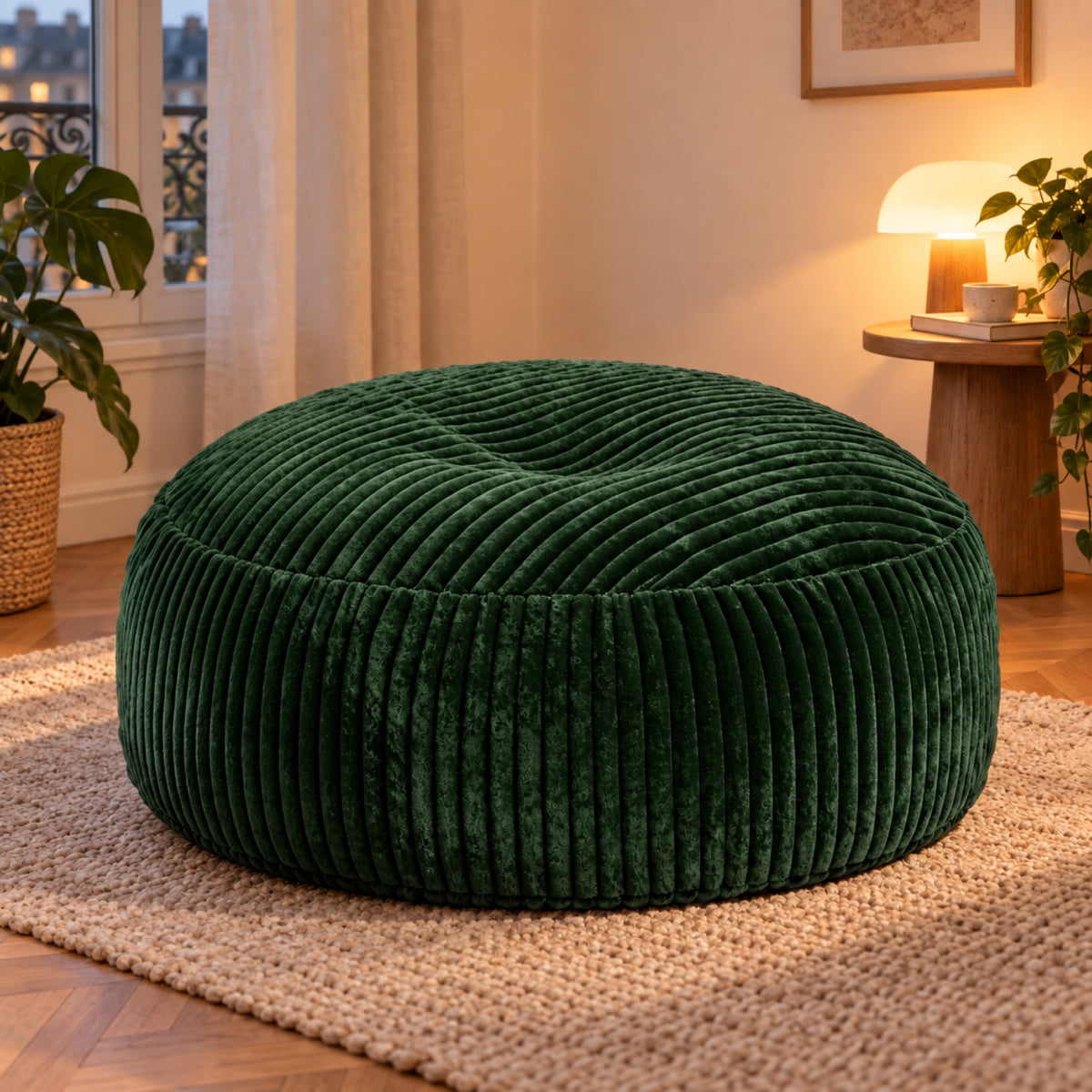 Pouf géant rond en velours côtelé à larges côtes, coloris Vert sapin