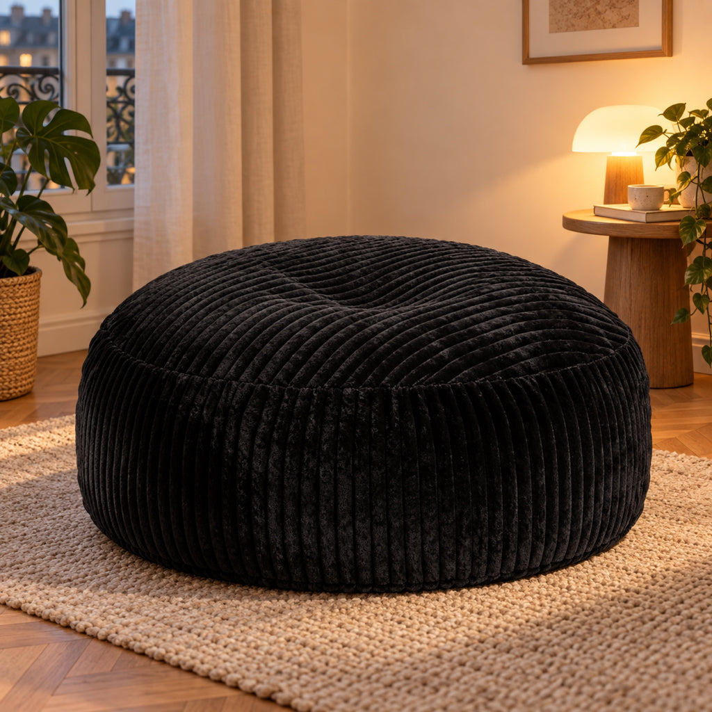 Pouf géant rond en velours côtelé à larges côtes, vue principale, coloris Noir