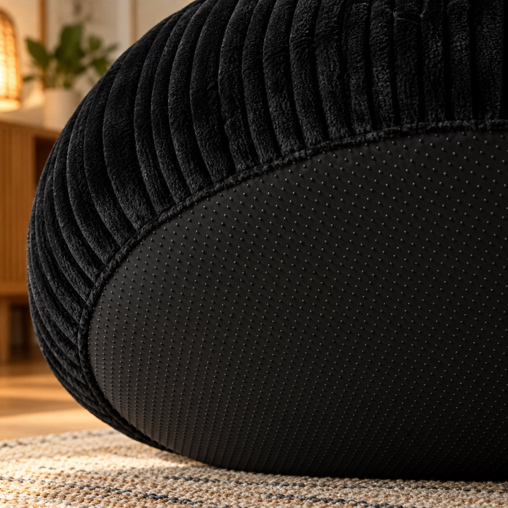 Pouf géant rond en velours côtelé à larges côtes, détail de fabrication, coloris Noir