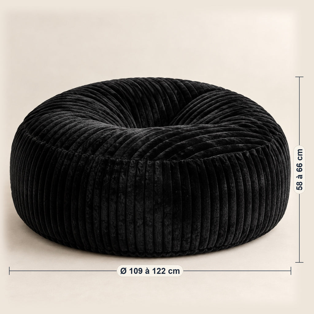 Pouf géant rond en velours côtelé à larges côtes, dimensions, coloris Noir