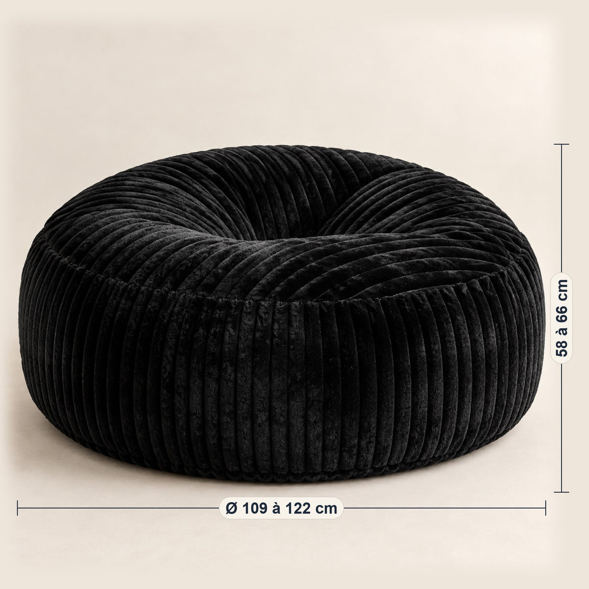 Pouf géant rond en velours côtelé à larges côtes, dimensions, coloris Noir