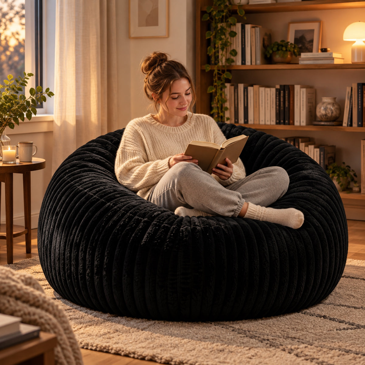 Pouf géant rond en velours côtelé à larges côtes, mis en situation, coloris Noir