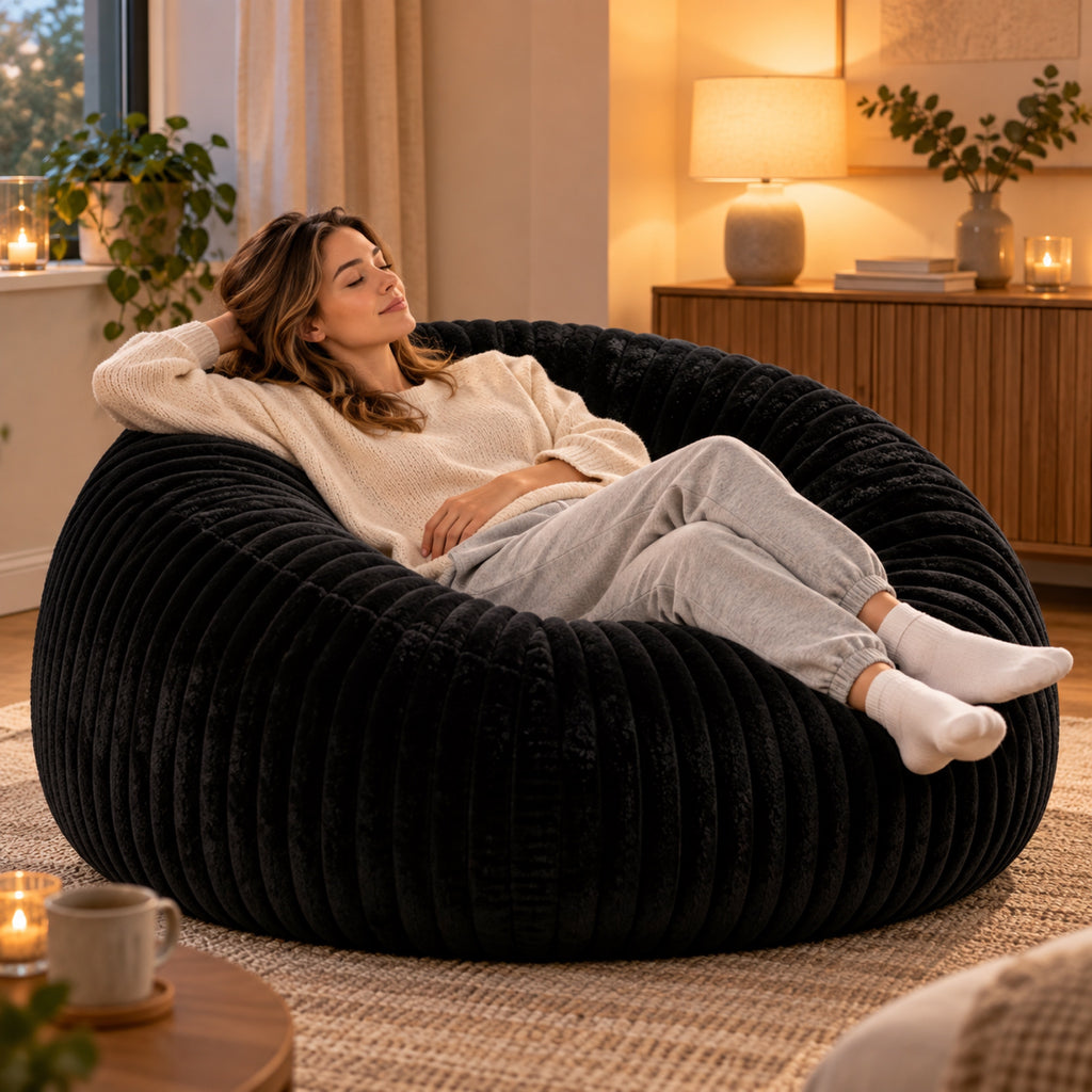 Pouf géant rond en velours côtelé à larges côtes, à l'usage, coloris Noir