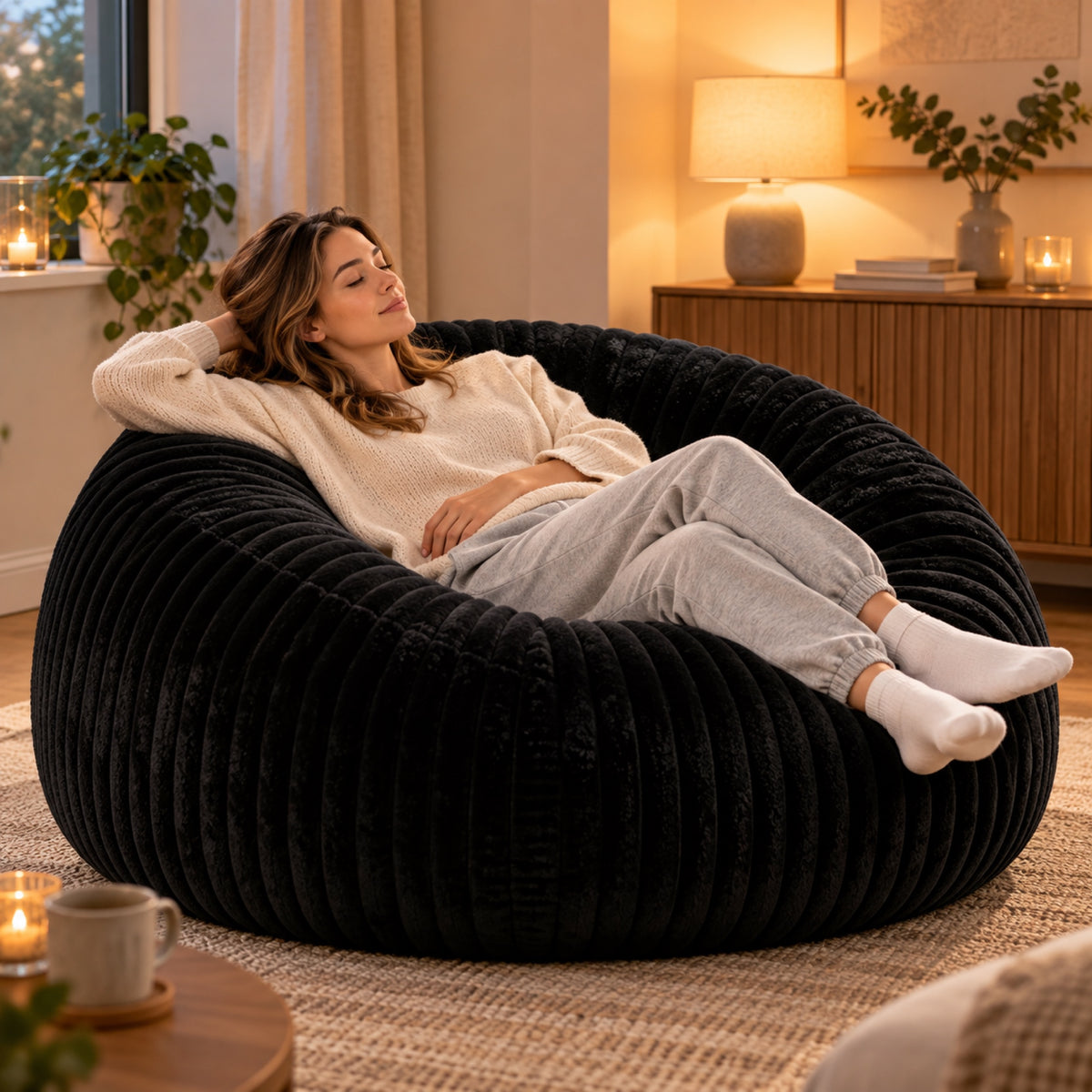 Pouf géant rond en velours côtelé à larges côtes, à l'usage, coloris Noir