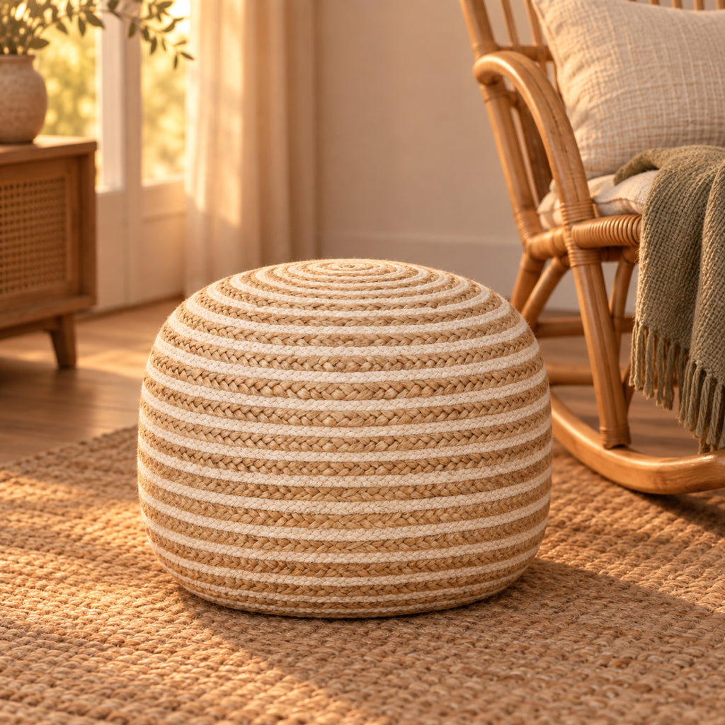 Pouf rond en jute tressé main, rayures naturelles, vue principale, coloris Kaki