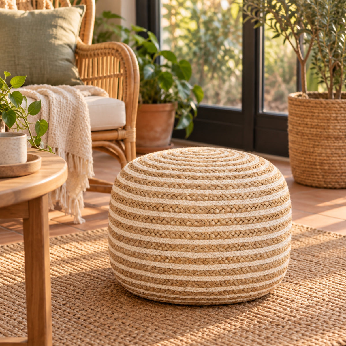 Pouf rond en jute tressé main, rayures naturelles, mis en situation, coloris Kaki