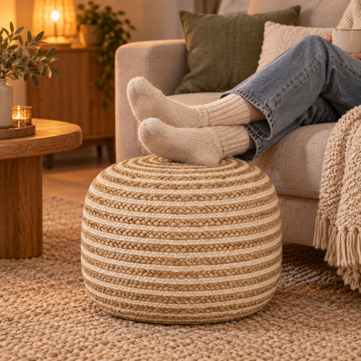 Pouf rond en jute tressé main, rayures naturelles, à l'usage, coloris Kaki