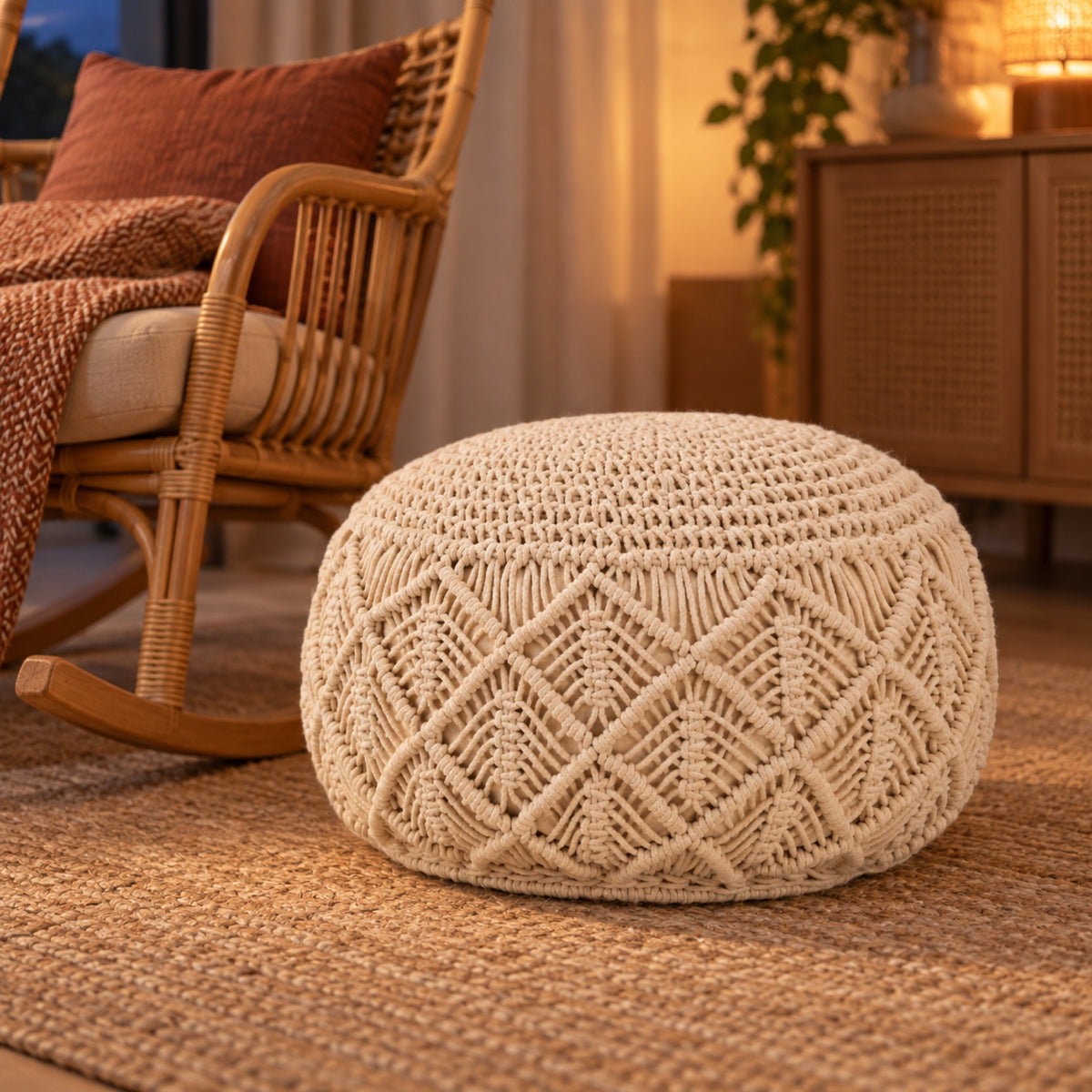 Pouf rond en macramé de coton tressé main, vue principale, coloris Beige naturel