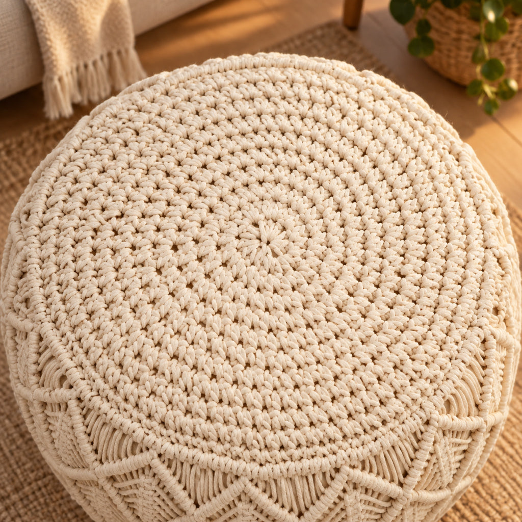 Pouf rond en macramé de coton tressé main, détail de fabrication, coloris Beige naturel