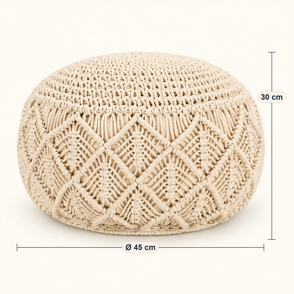 Pouf rond en macramé de coton tressé main, dimensions, coloris Beige naturel
