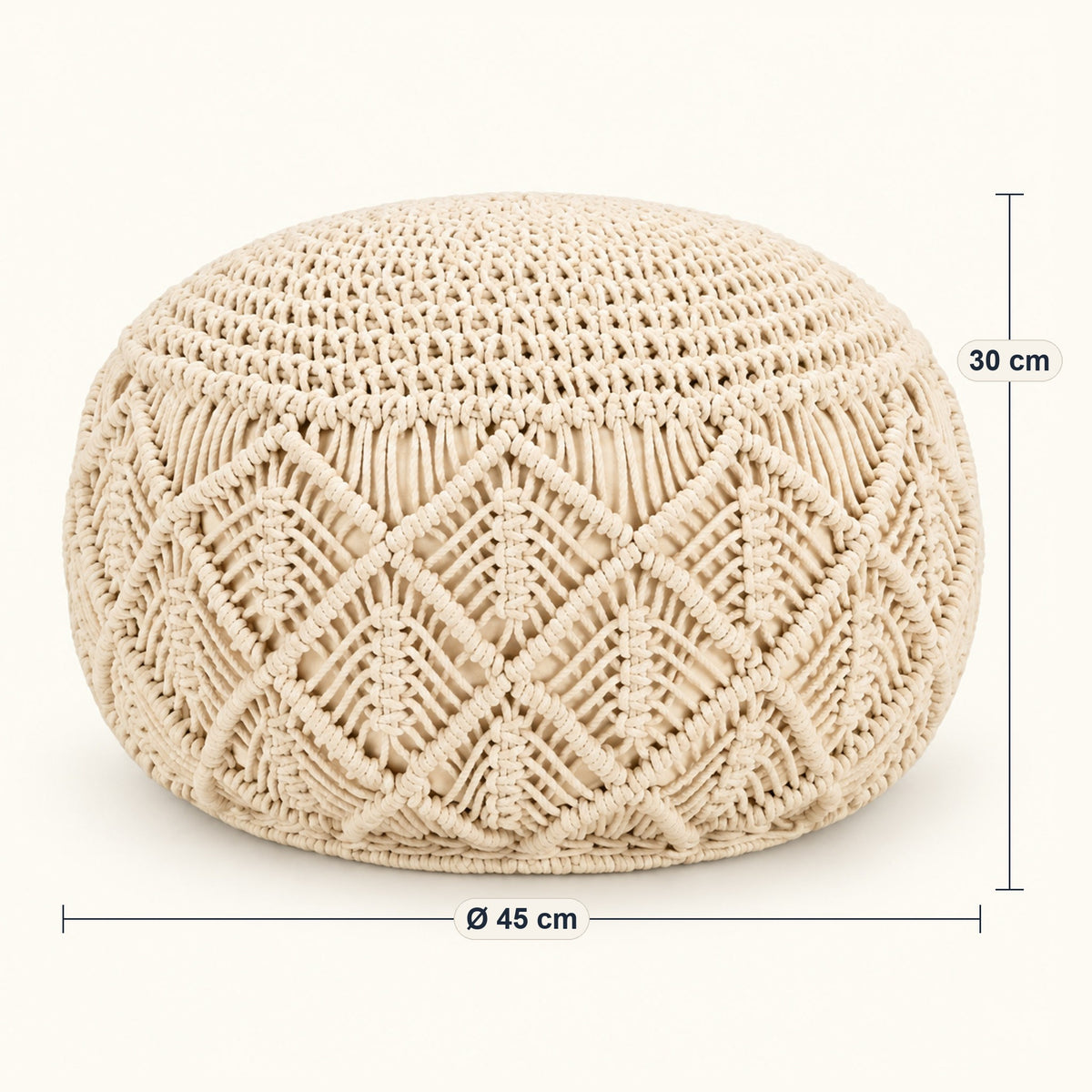Pouf rond en macramé de coton tressé main, dimensions, coloris Beige naturel