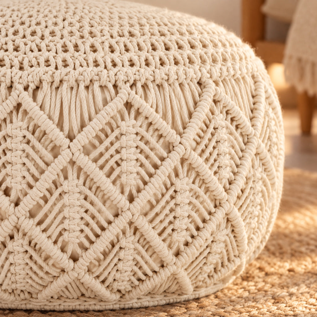 Pouf rond en macramé de coton tressé main, gros plan sur la matière, coloris Beige naturel