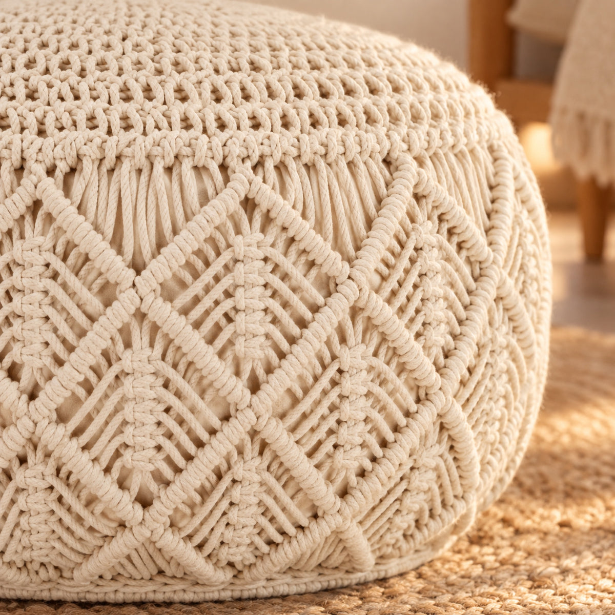 Pouf rond en macramé de coton tressé main, gros plan sur la matière, coloris Beige naturel