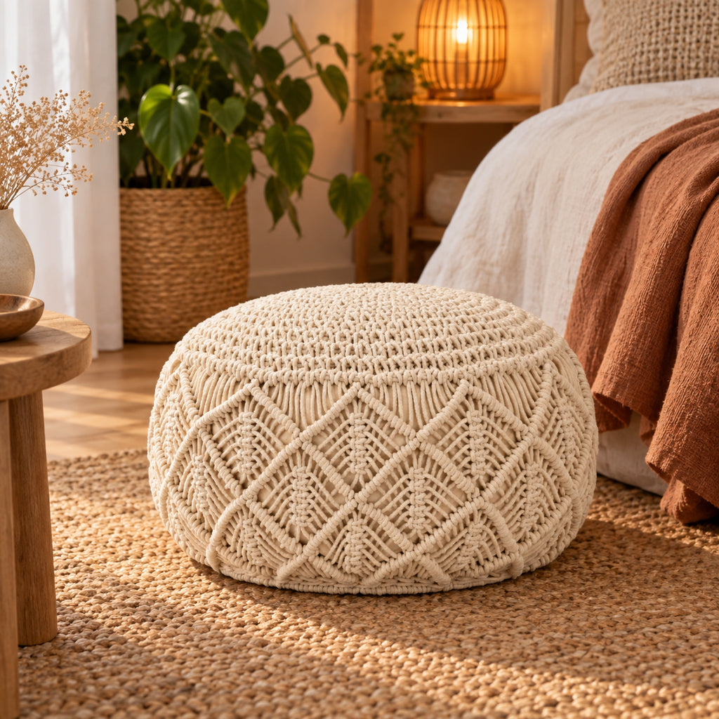 Pouf rond en macramé de coton tressé main, mis en situation, coloris Beige naturel
