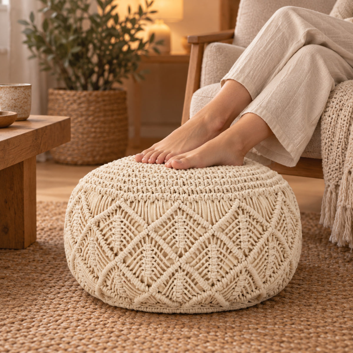 Pouf rond en macramé de coton tressé main, à l'usage, coloris Beige naturel