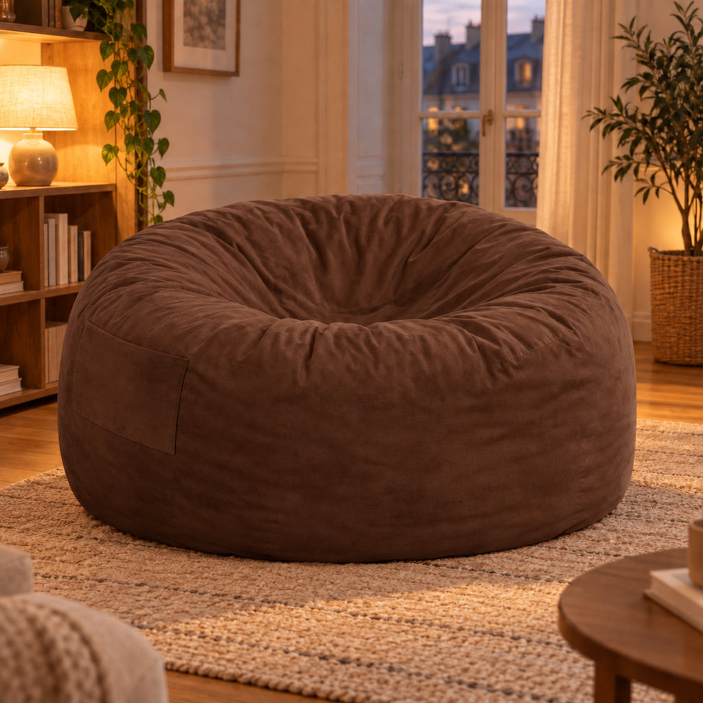 Pouf géant convertible en lit, velours déhoussable, coloris Brun chocolat