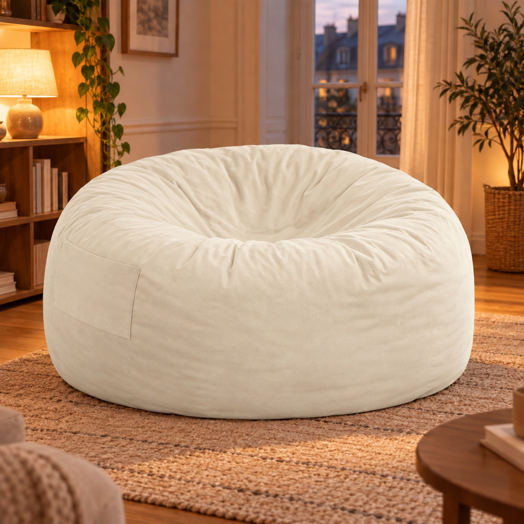 Pouf géant convertible en lit, velours déhoussable, coloris Écru