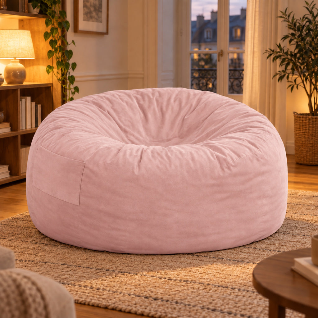 Pouf géant convertible en lit, velours déhoussable, coloris Rose poudré