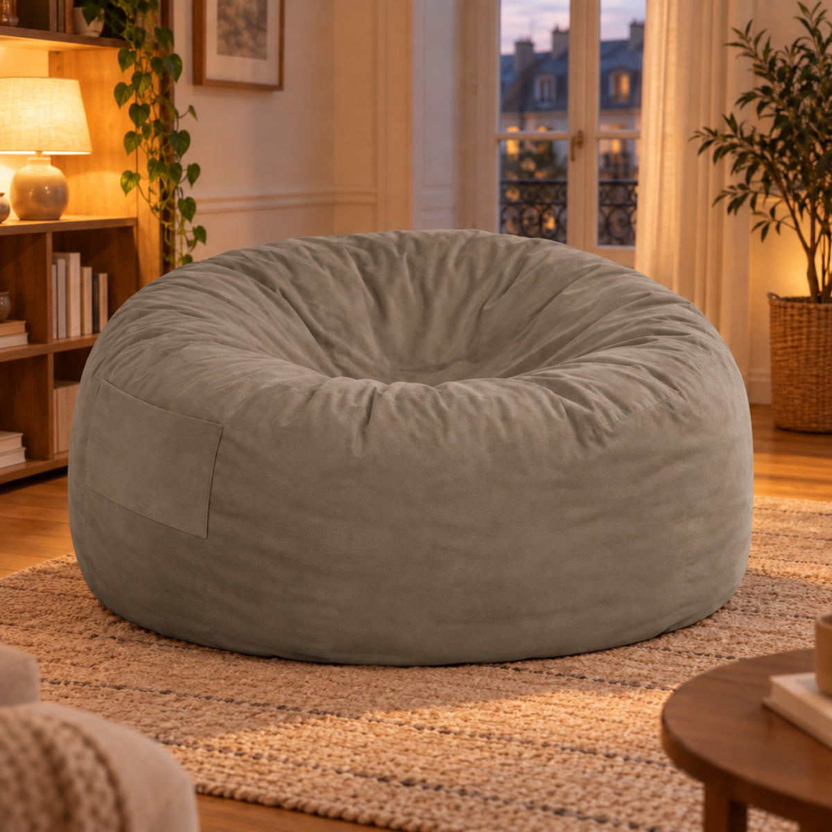 Pouf géant convertible en lit, velours déhoussable, coloris Taupe
