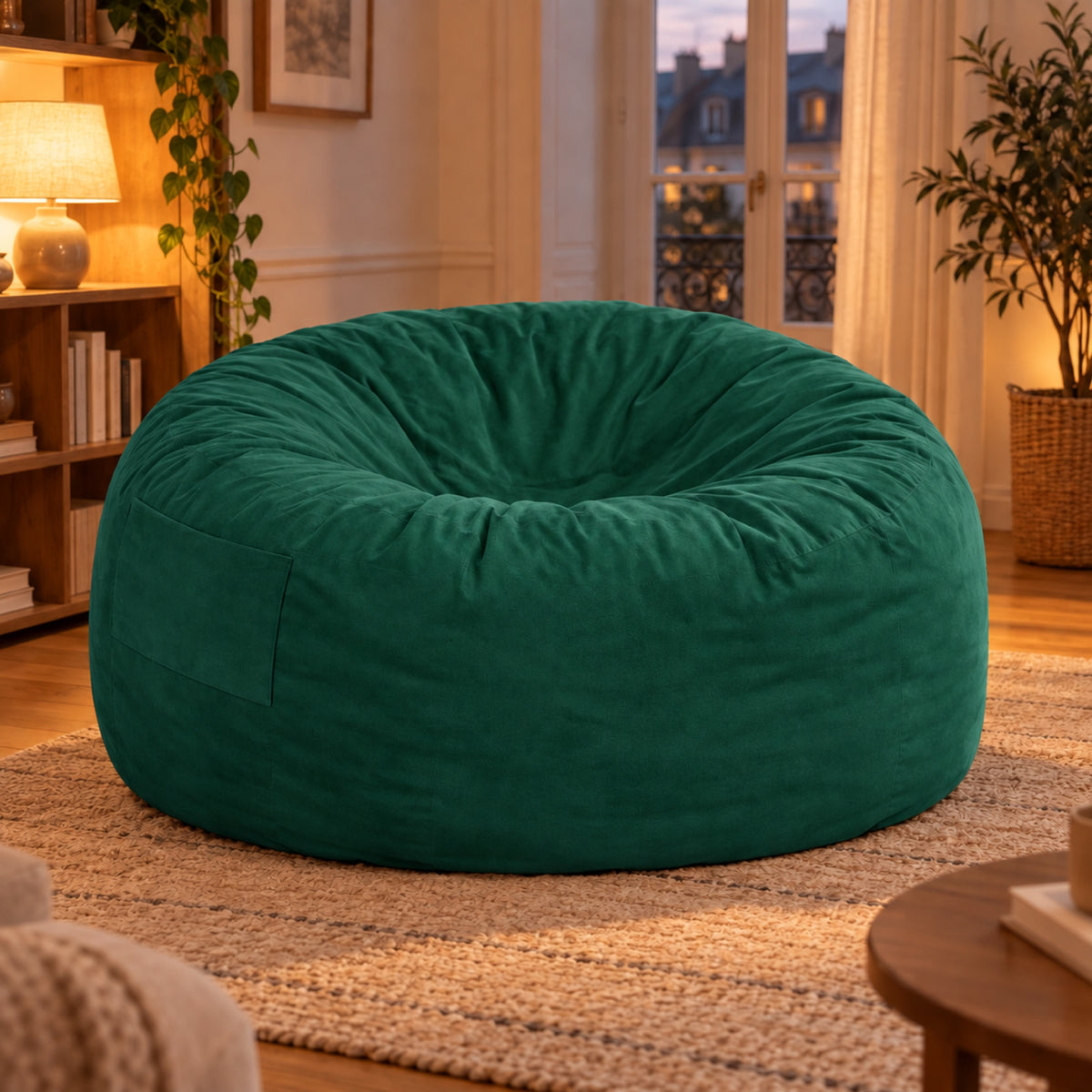 Pouf géant convertible en lit, velours déhoussable, coloris Vert sapin