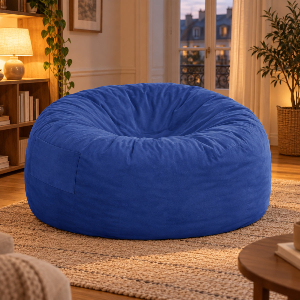 Pouf géant convertible en lit, velours déhoussable, vue principale, coloris Bleu roi