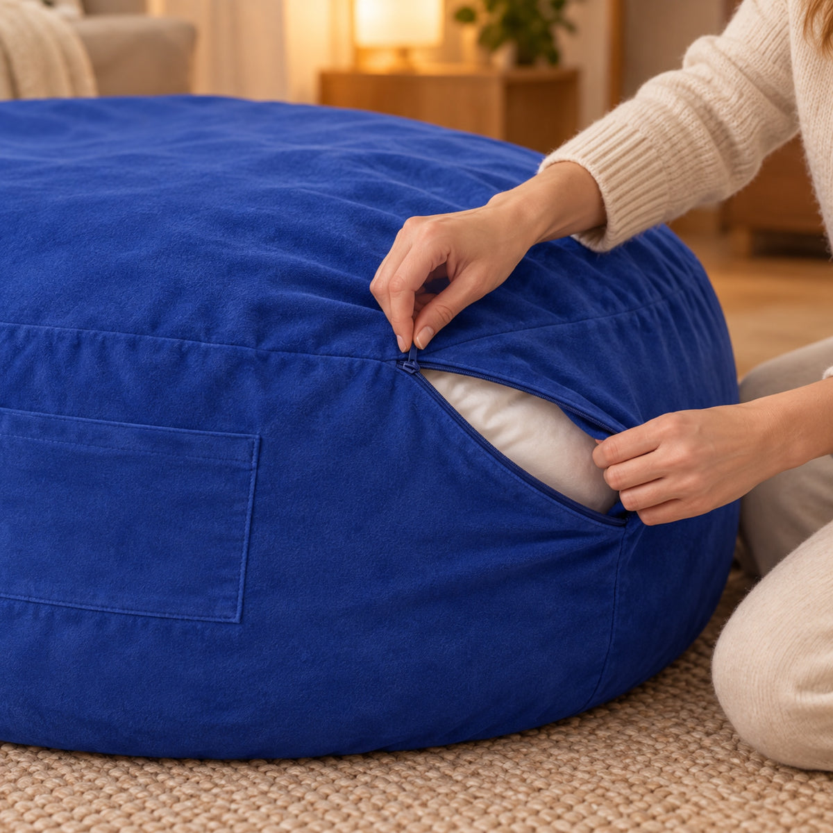 Pouf géant convertible en lit, velours déhoussable, détail de fabrication, coloris Bleu roi