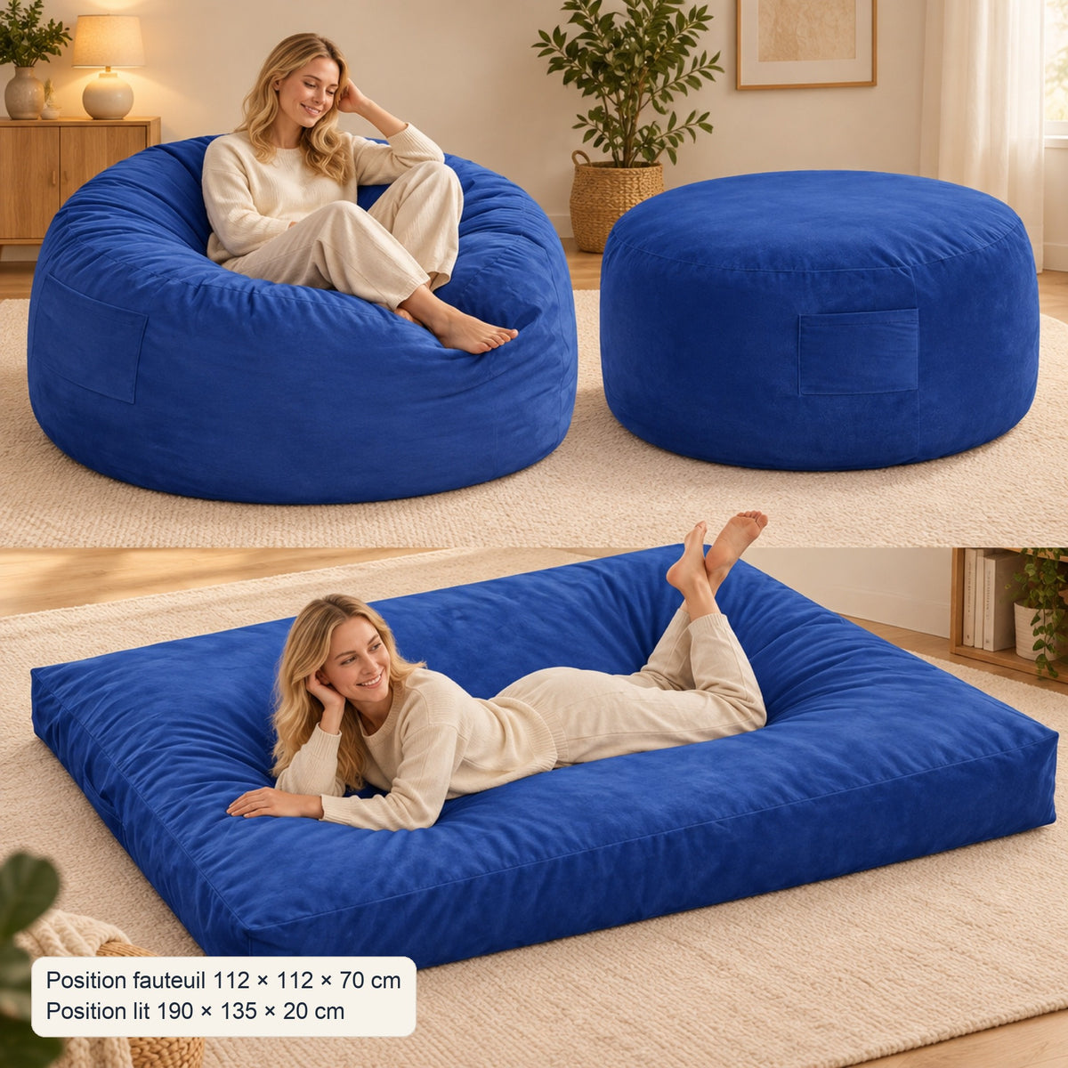 Pouf géant convertible en lit, velours déhoussable, dimensions, coloris Bleu roi