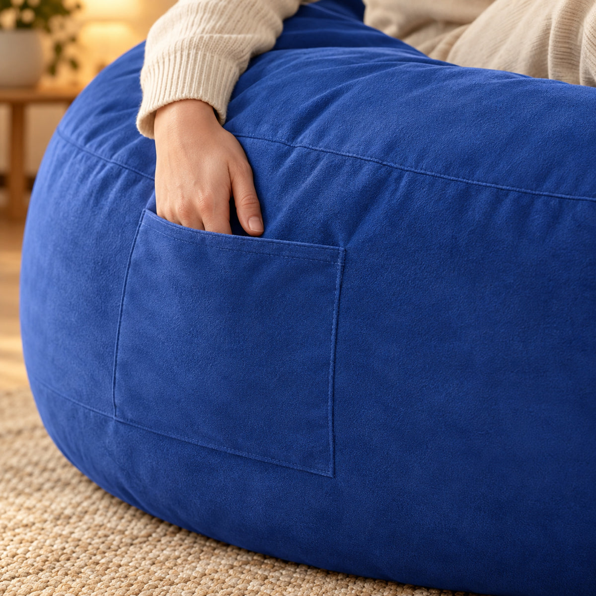 Pouf géant convertible en lit, velours déhoussable, gros plan sur la matière, coloris Bleu roi