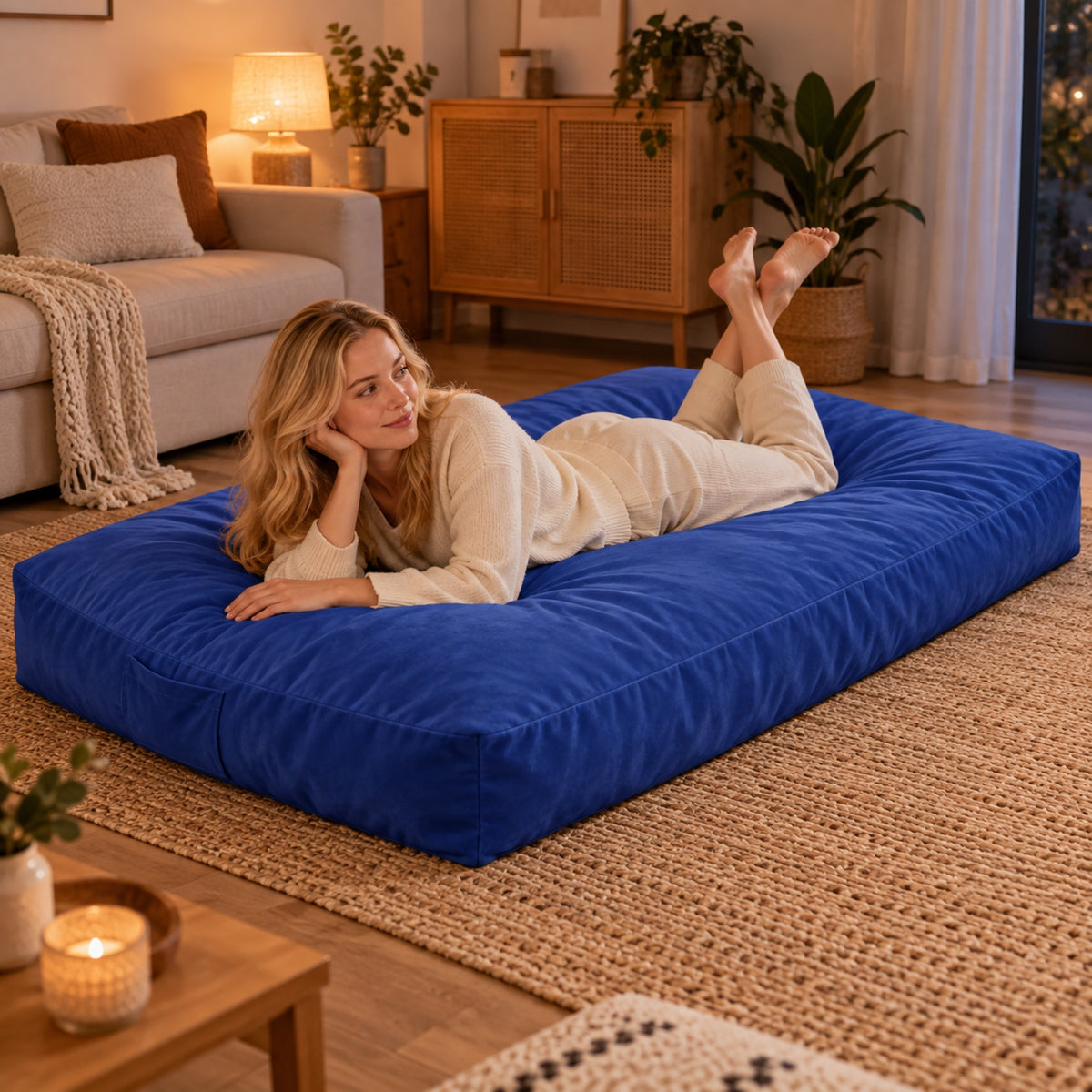 Pouf géant convertible en lit, velours déhoussable, à l'usage, coloris Bleu roi
