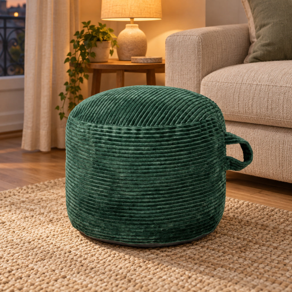 Pouf rond en velours côtelé moelleux, housse lavable, vue principale, coloris Vert sapin