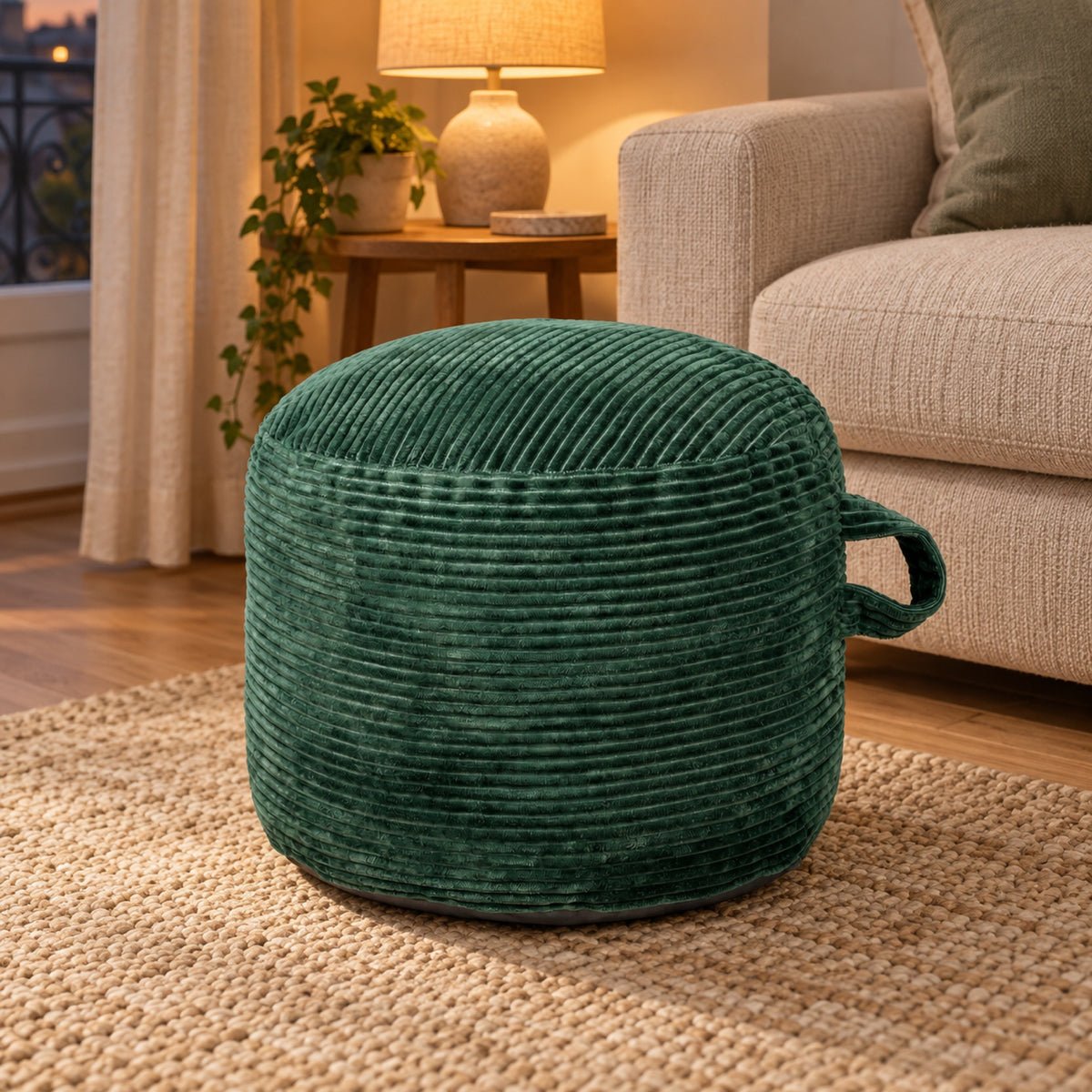 Pouf rond en velours côtelé moelleux, housse lavable, vue principale, coloris Vert sapin