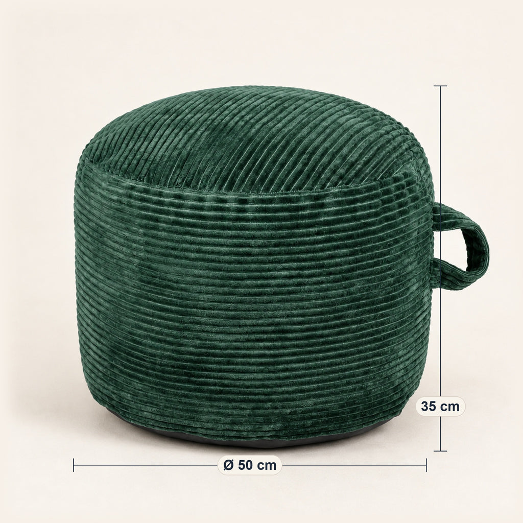 Pouf rond en velours côtelé moelleux, housse lavable, dimensions, coloris Vert sapin
