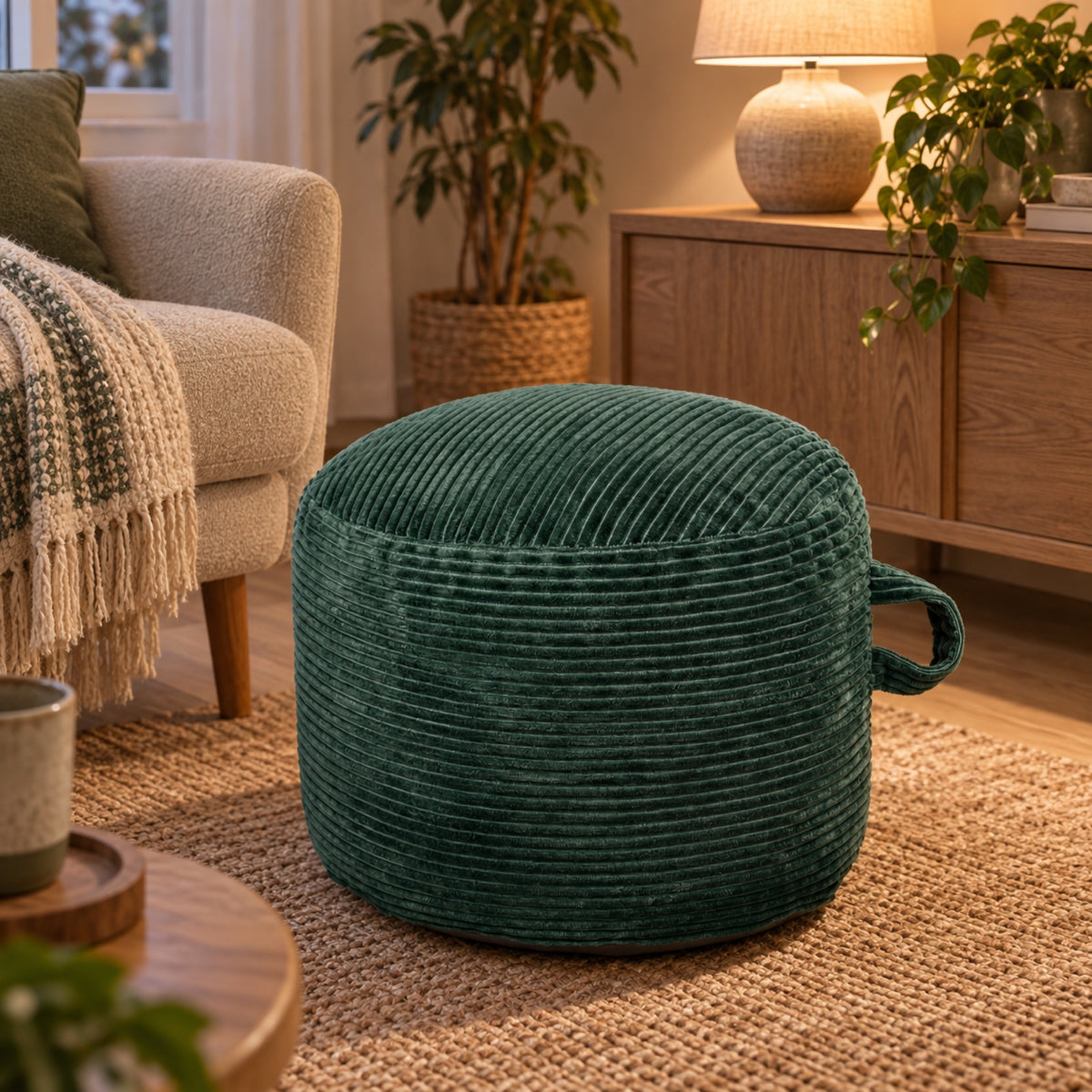 Pouf rond en velours côtelé moelleux, housse lavable, mis en situation, coloris Vert sapin