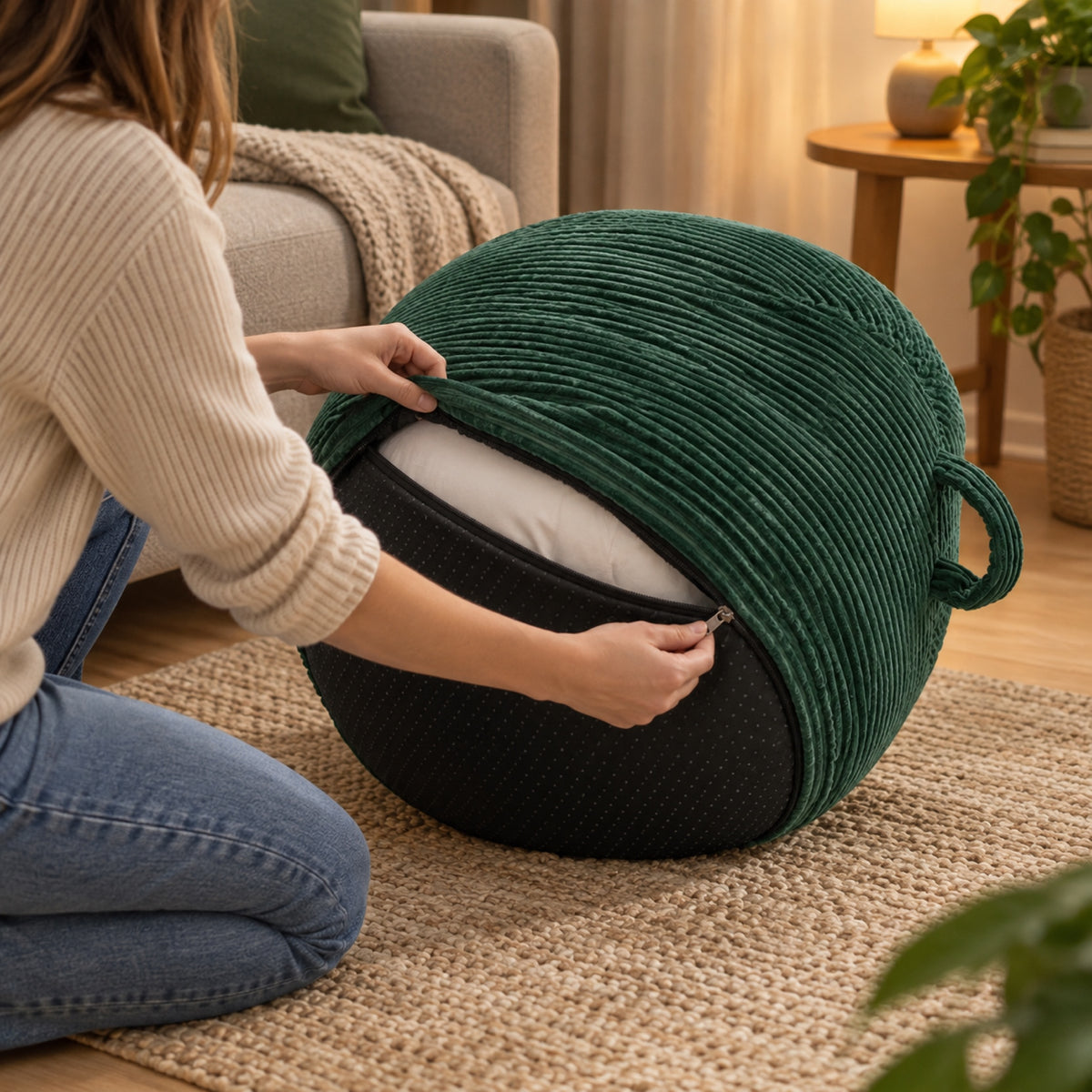 Pouf rond en velours côtelé moelleux, housse lavable, à l'usage, coloris Vert sapin