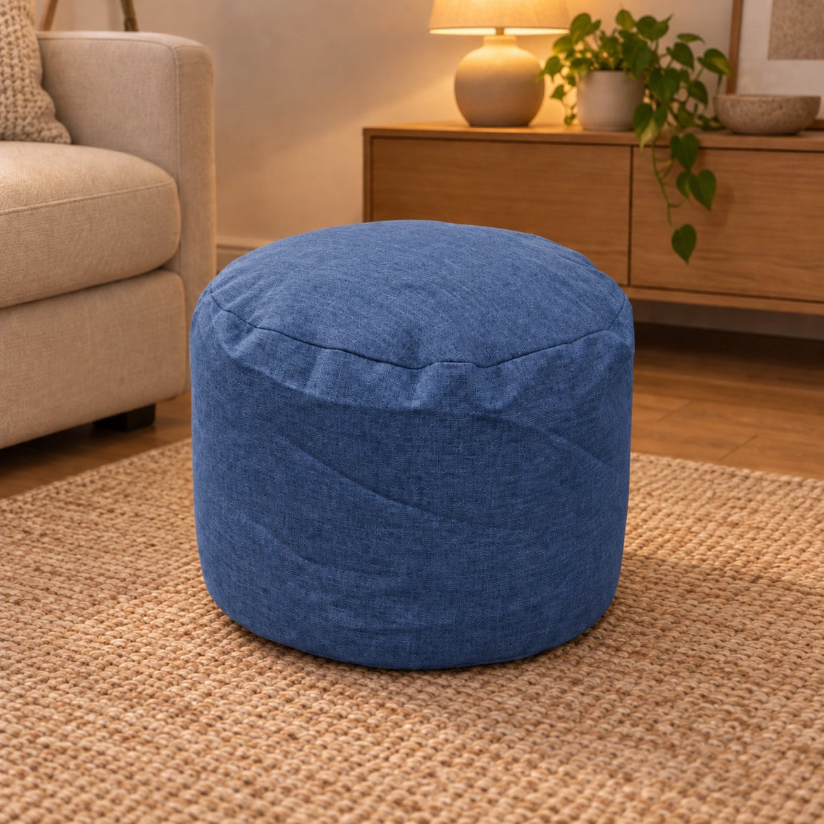Repose-pieds rond en coton et lin, housse lavable – coloris bleu foncé