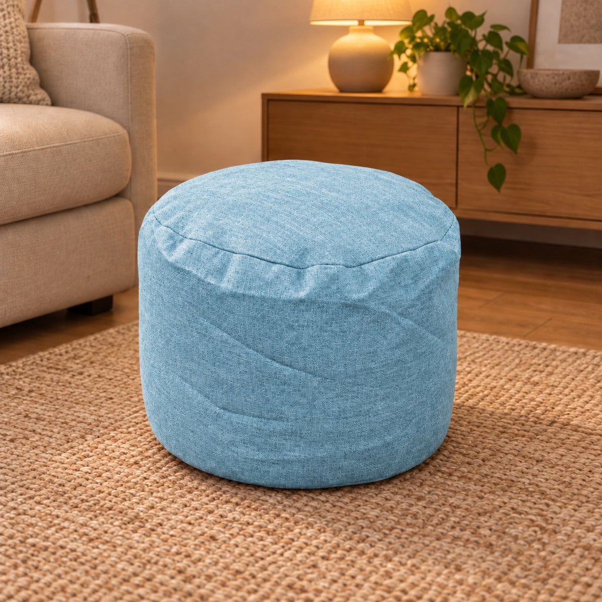 Repose-pieds rond en coton et lin, housse lavable – coloris bleu glacier