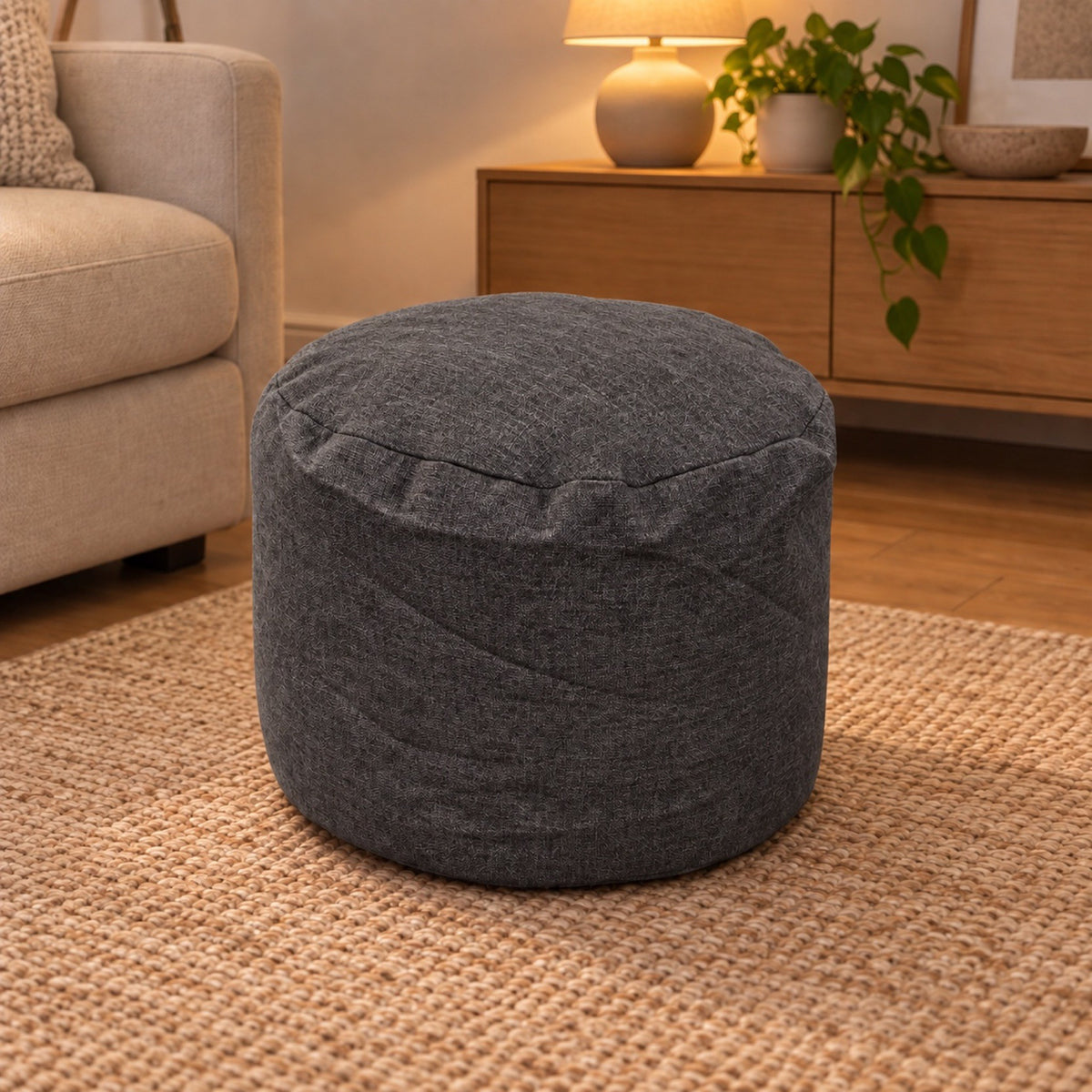 Repose-pieds rond en coton et lin, housse lavable – coloris gris anthracite