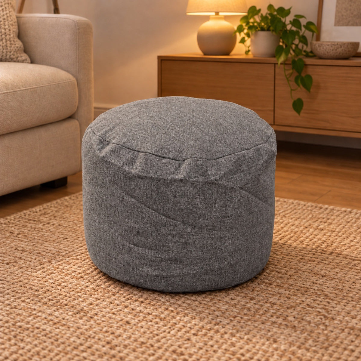 Repose-pieds rond en coton et lin, housse lavable – coloris gris foncé