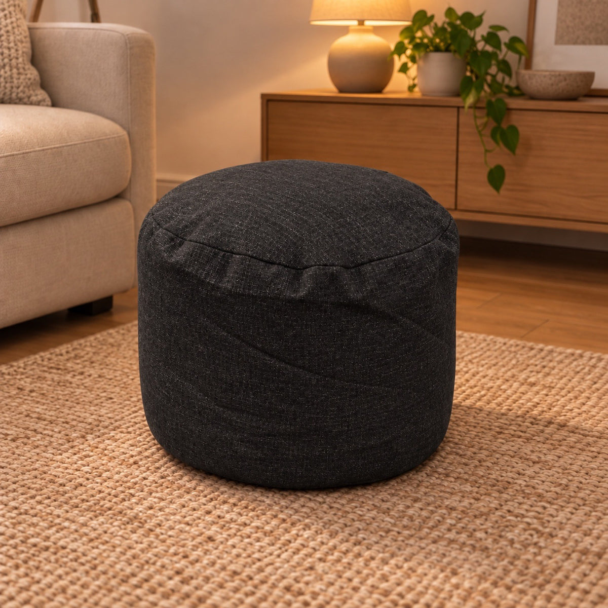 Repose-pieds rond en coton et lin, housse lavable – coloris noir
