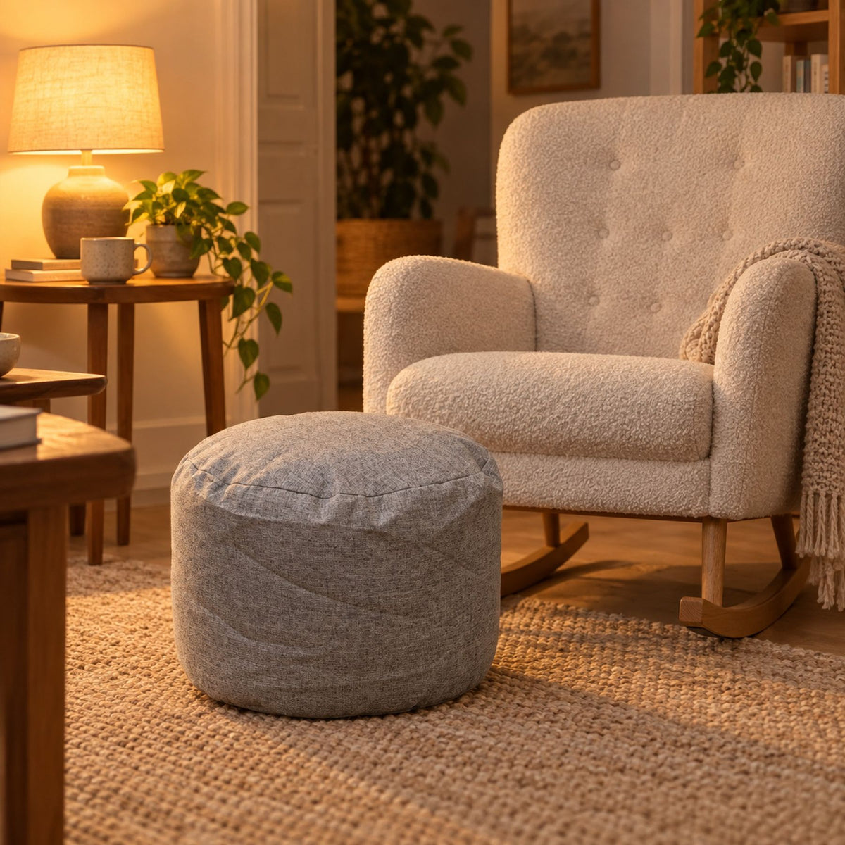 Repose-pieds rond en coton et lin, housse lavable – en situation