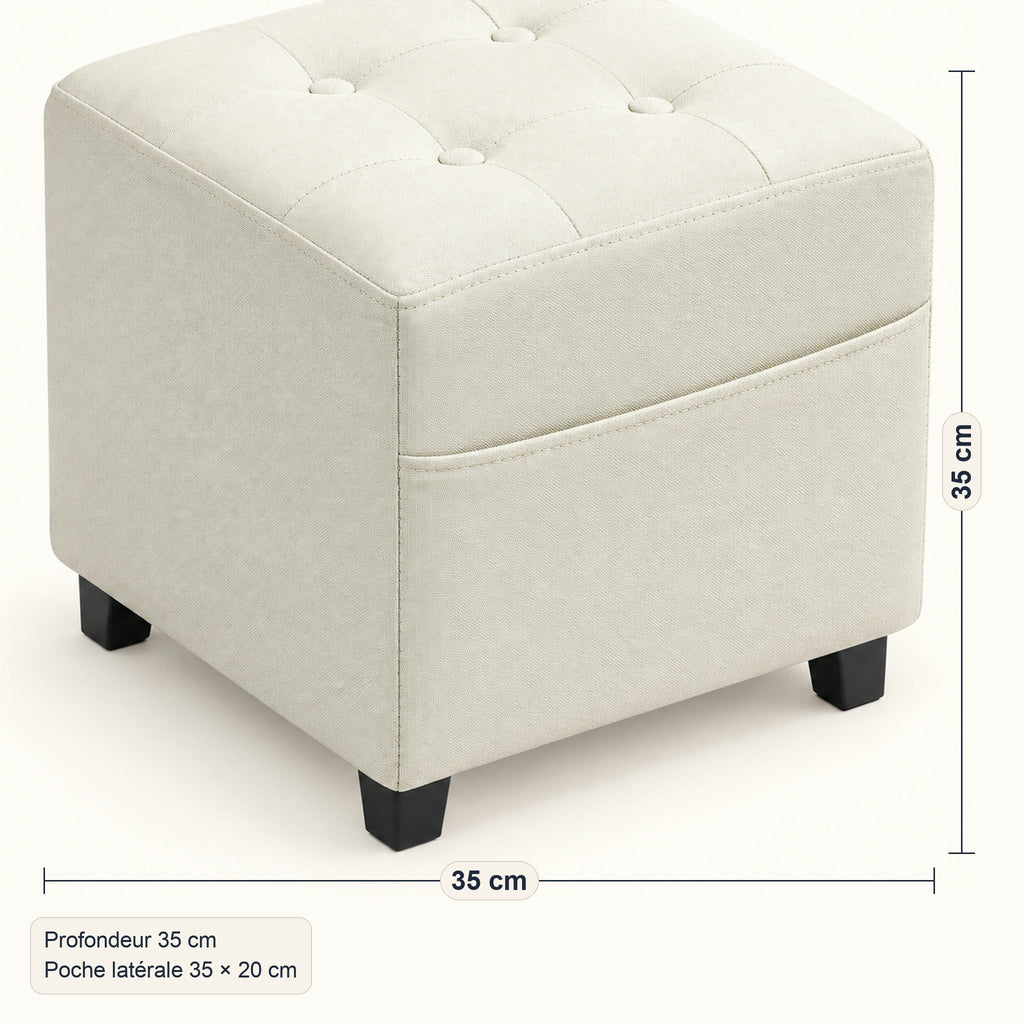 Repose-pieds cube aspect lin crème, poche latérale, dimensions
