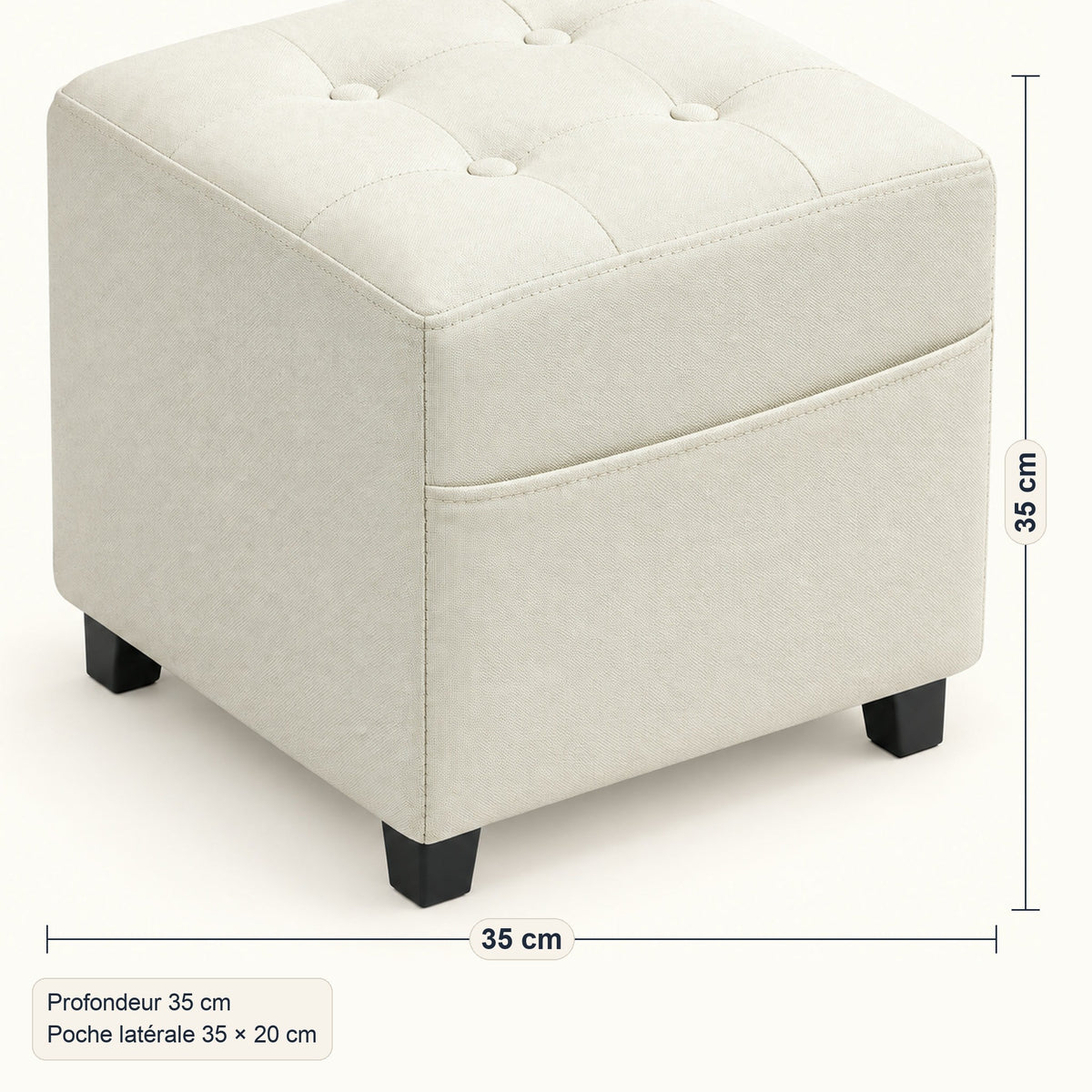 Repose-pieds cube aspect lin crème, poche latérale, dimensions