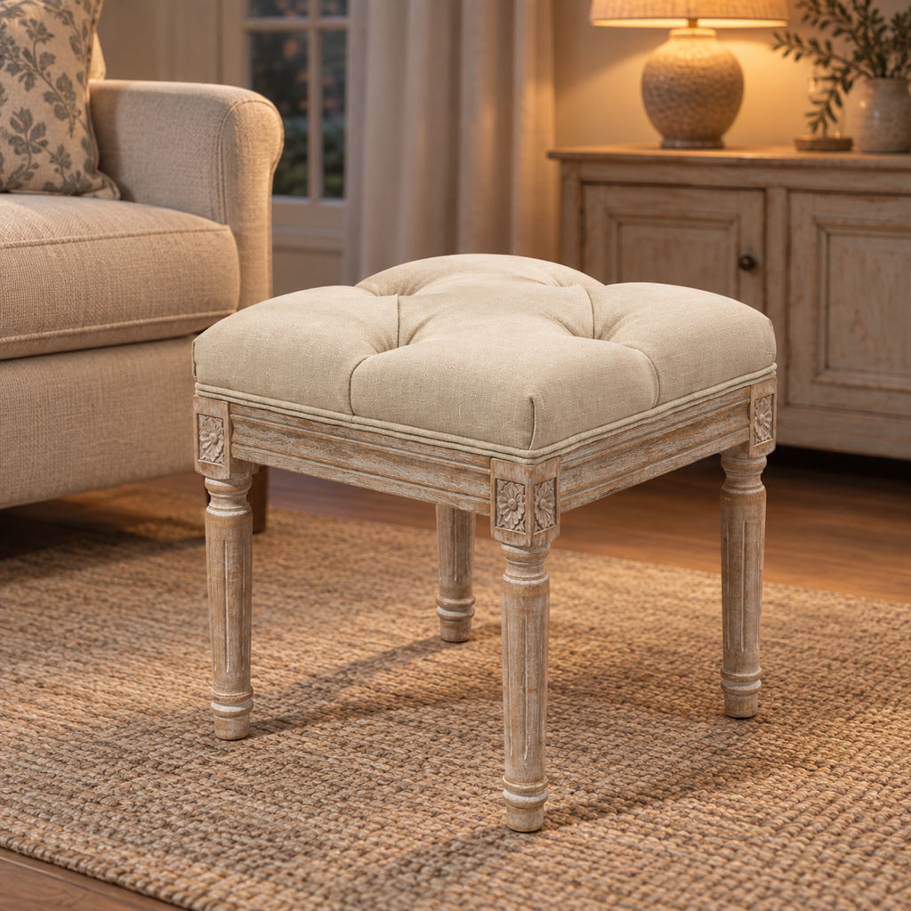 Repose-pieds vintage capitonné aspect lin beige, vue principale